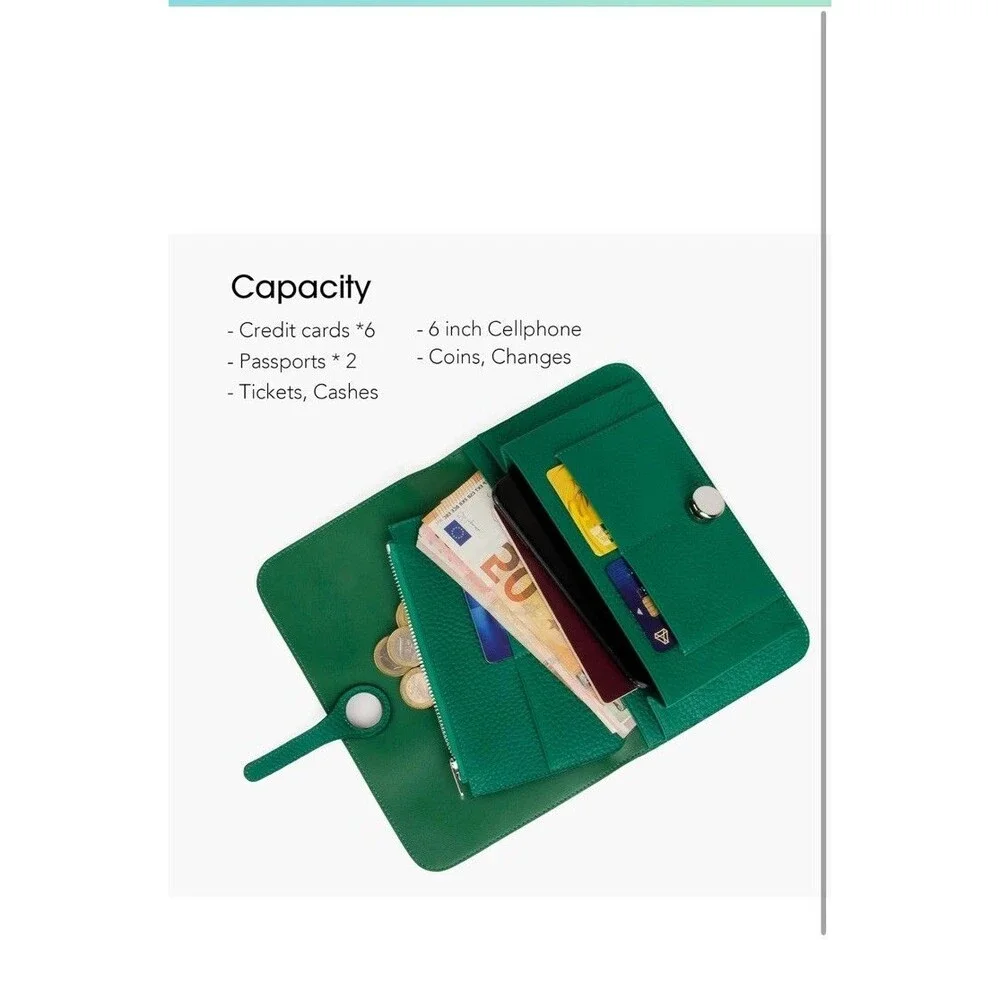 Genuine Leather Card Holder Bifold Passport Long Handmade Wallet Green Clutch